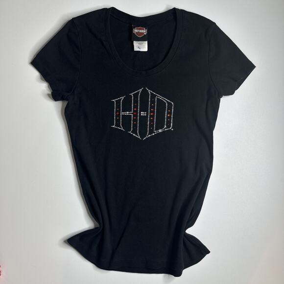 Harley Davidson Bling Tee L Black Las Vegas Rhinestone Logo USA Y2K Biker Babe - Picture 3 of 9